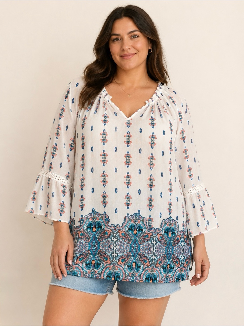 Zac & Rachel XL Boho Peasant Blouse Bell Sleeve Sheer Paisley Border Print Top
